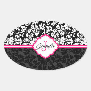 Zwarte witte en roze  Floral Damaskers Ovale Sticker