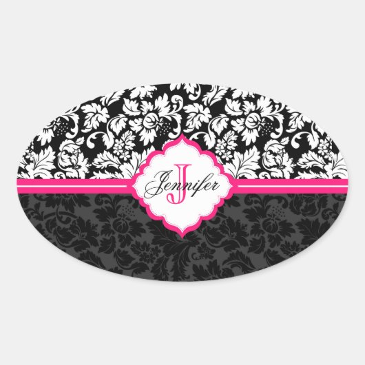 Zwarte witte en roze  Floral Damaskers Ovale Sticker (Voorkant)
