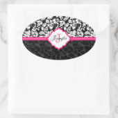 Zwarte witte en roze  Floral Damaskers Ovale Sticker (Tas)