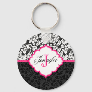 Zwarte witte en roze  Floral Damaskers Sleutelhanger