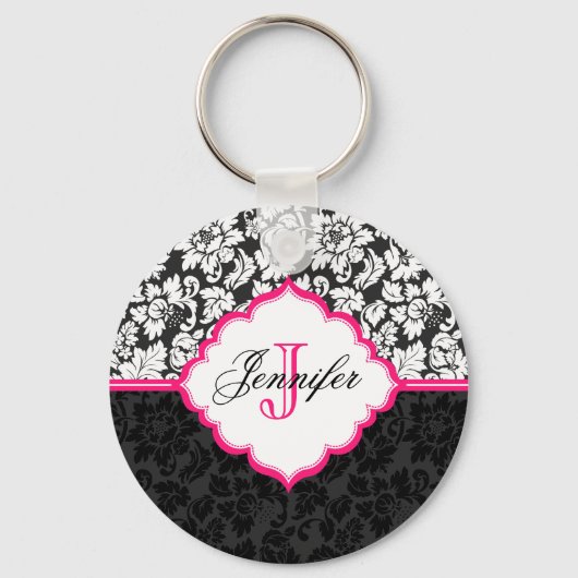 Zwarte witte en roze Floral Damaskers Sleutelhanger (Voorkant)