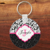 Zwarte witte en roze Floral Damaskers Sleutelhanger (Voorkant)