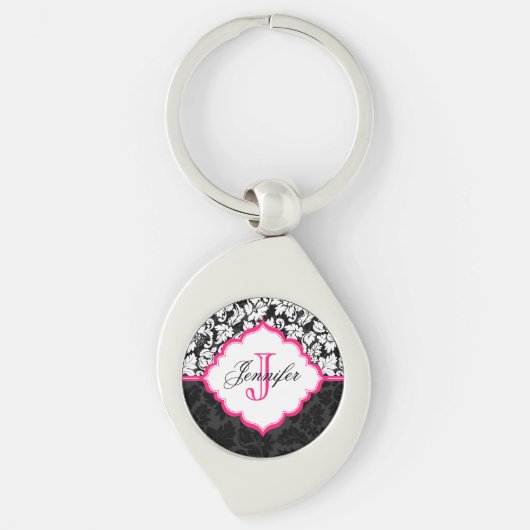 Zwarte witte en roze  Floral Damaskers Sleutelhanger (Voorkant)