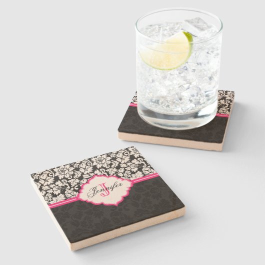 Zwarte witte en roze  Floral Damaskers Stenen Onderzetter (Zijkant)