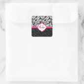 Zwarte witte en roze  Floral Damaskers Vierkante Sticker (Tas)