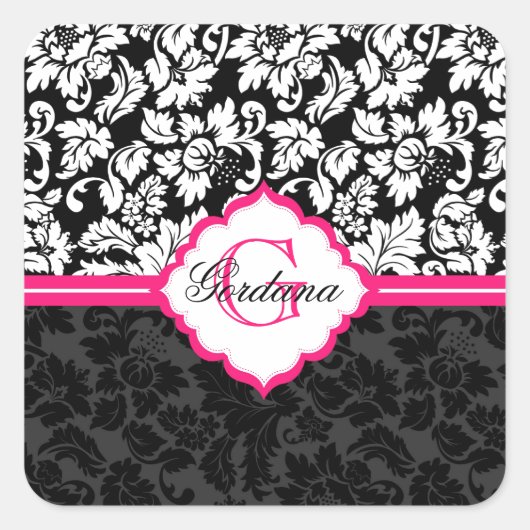 Zwarte witte en roze  Floral Damaskers Vierkante Sticker (Voorkant)