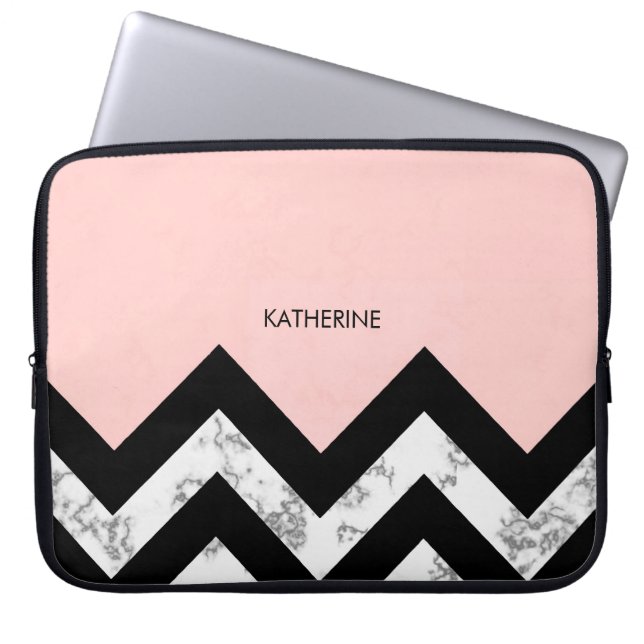 Zwarte witte en roze kleurstoffen laptop sleeve (Voorkant)