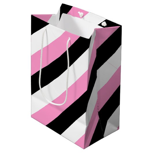 Zwarte, witte en roze strepen medium cadeauzakje (Voorkant Gekanteld)
