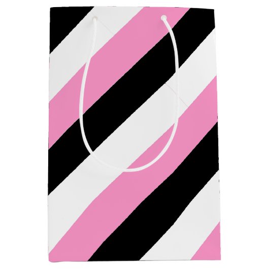 Zwarte, witte en roze strepen medium cadeauzakje (Voorkant)