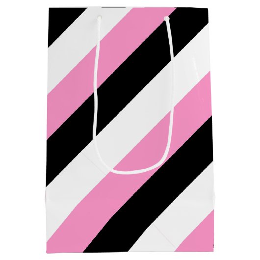 Zwarte, witte en roze strepen medium cadeauzakje (Achterkant)