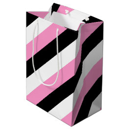 Zwarte, witte en roze strepen medium cadeauzakje
