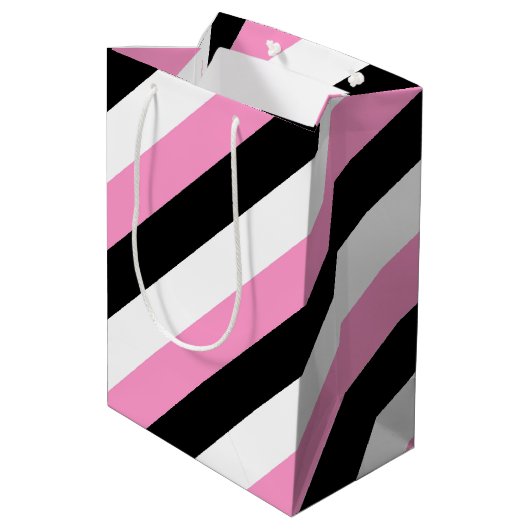Zwarte, witte en roze strepen medium cadeauzakje (Achterkant Gekanteld)