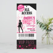 Zwarte, witte en roze VIP Sweet 16 Ticket Party Kaart (Staand voorkant)
