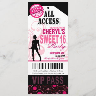 Zwarte, witte en roze VIP Sweet 16 Ticket Party Kaart