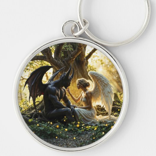 Zwarte witte engel demon mystiek bos sleutelhanger (Voorkant)