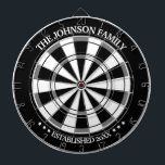 Zwarte/Witte Familienaam Persoonlijk Dart Board Dartbord<br><div class="desc">Fun,  gepersonaliseerd ontwerp. Maakt het perfecte cadeau voor een huisopwarming,  bruiloft of een andere gelegenheid! Het rendabele ontwerp van het kleurenpatroon met uw familienaam en jaar gevestigde gepersonaliseerde voorzijde en centrum.</div>