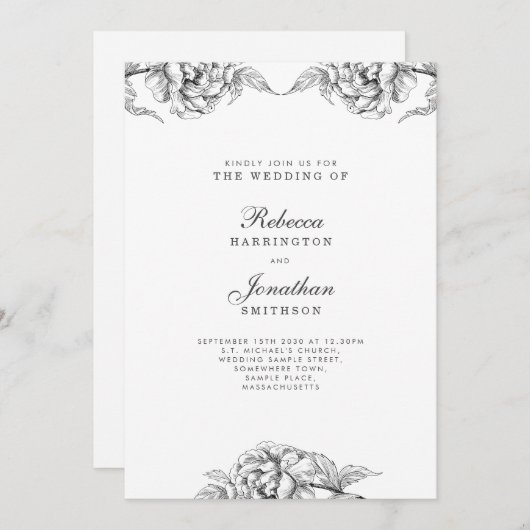  zwarte witte flora botanische bruiloft RSVP Kaart (Voorkant / Achterkant)