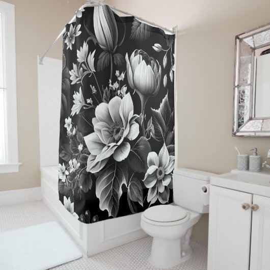 Zwarte witte  flora douchegordijn (In situ)
