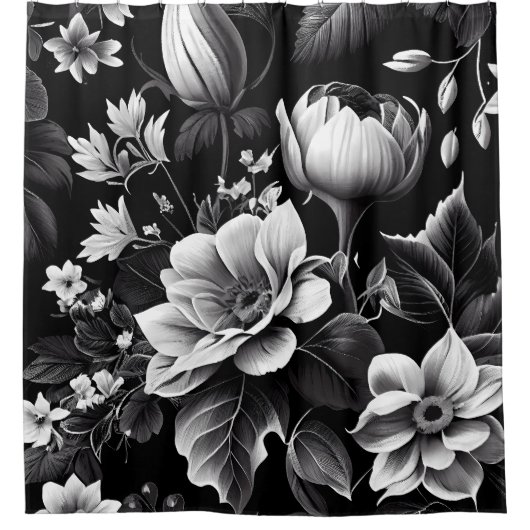 Zwarte witte  flora douchegordijn (Voorkant)