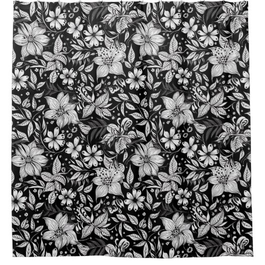 Zwarte witte  flora douchegordijn (Voorkant)