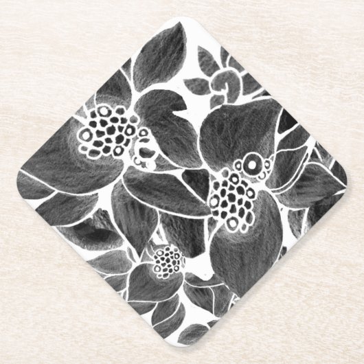 Zwarte witte flora kartonnen onderzetters (Voorkant)