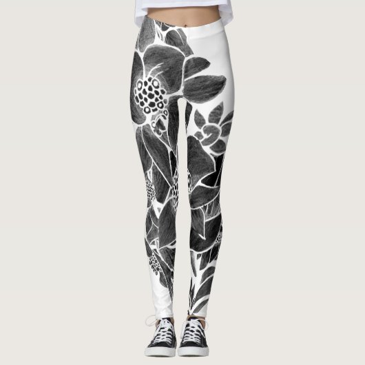 Zwarte witte flora leggings (Voorkant)