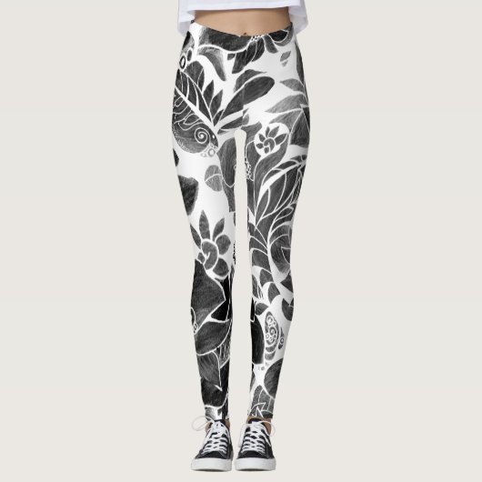 Zwarte witte flora leggings (Voorkant)