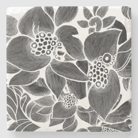 Zwarte witte flora stenen onderzetter (Voorkant)