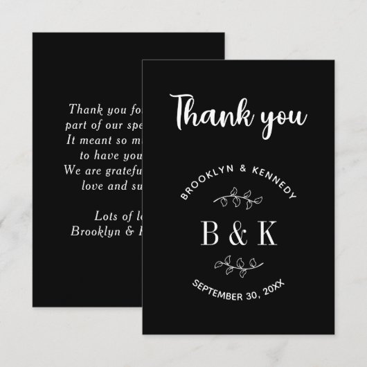 Zwarte witte Floral Botanical Wedding Couple Name Bedankkaart (Voorkant / Achterkant)