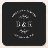 Zwarte witte Floral Botanical Wedding Couple Name Kartonnen Onderzetters (Voorkant)
