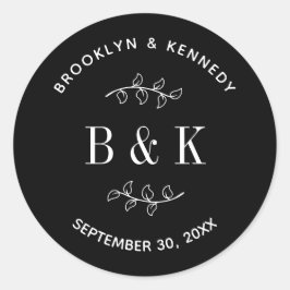Zwarte witte Floral Botanical Wedding Couple Name Ronde Sticker