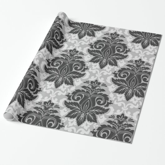 Zwarte-witte Floral Cadeaupapier (Uitgerold)