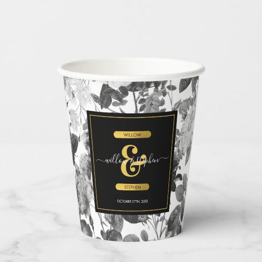 Zwarte, witte  Floral Monogram Weddenschap Papieren Bekers (Achterkant)