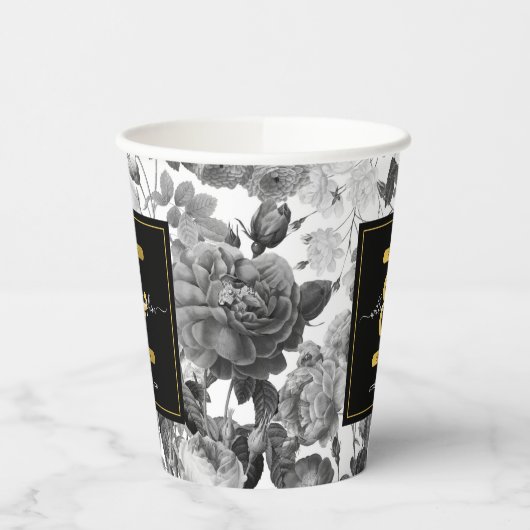 Zwarte, witte  Floral Monogram Weddenschap Papieren Bekers (Links)