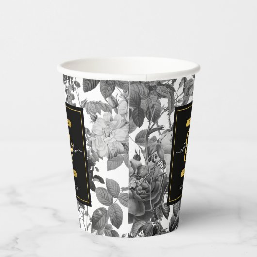 Zwarte, witte  Floral Monogram Weddenschap Papieren Bekers (Rechts)