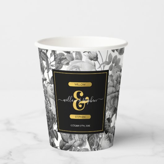 Zwarte, witte  Floral Monogram Weddenschap Papieren Bekers (Voorkant)
