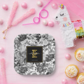 Zwarte, witte  Floral Monogram Weddenschap Papieren Bordje (Feest)