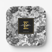 Zwarte, witte  Floral Monogram Weddenschap Papieren Bordje (Voorkant)