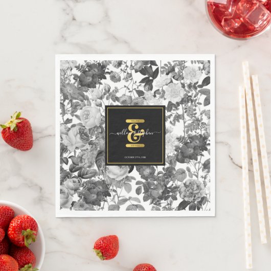 Zwarte, witte Floral Monogram Weddenschap Servet (Insitu)