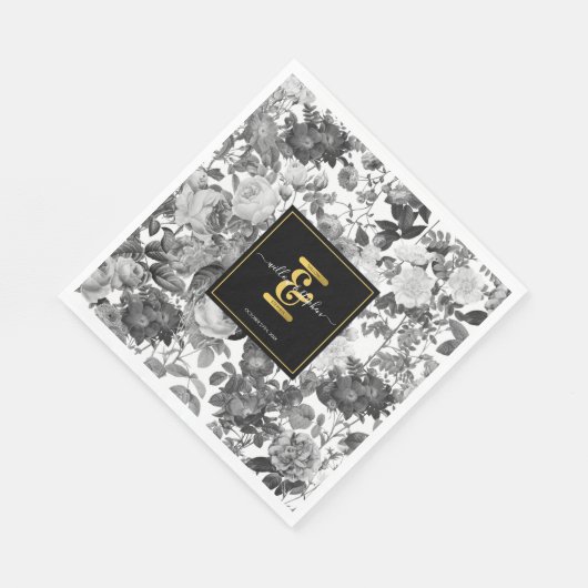 Zwarte, witte  Floral Monogram Weddenschap Servet (Hoek)
