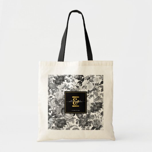 Zwarte, witte Floral Monogram Weddenschap Tote Bag (Voorkant)