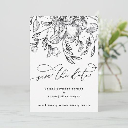 Zwarte witte florale kalligrafie Sla de datumkaart Feestdagenkaart (Staand voorkant)