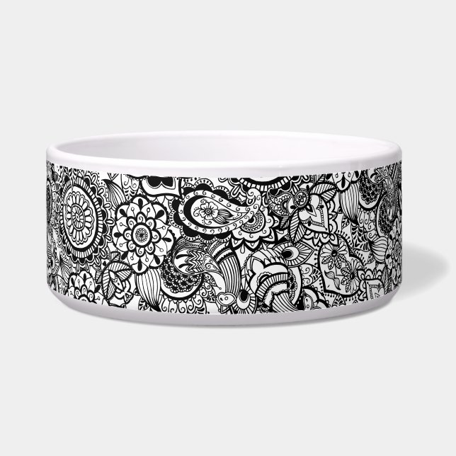 Zwarte witte florale paisley bowl voerbakje (Voorkant)