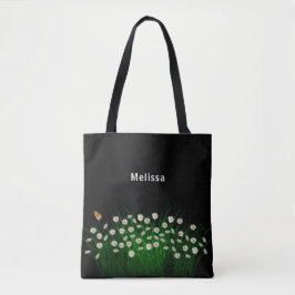 Zwarte witte floralen, naam elegant tote bag