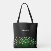 Zwarte witte floralen, naam elegant tote bag (Achterkant)