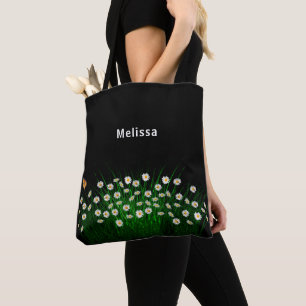 Zwarte witte floralen, naam elegant tote bag