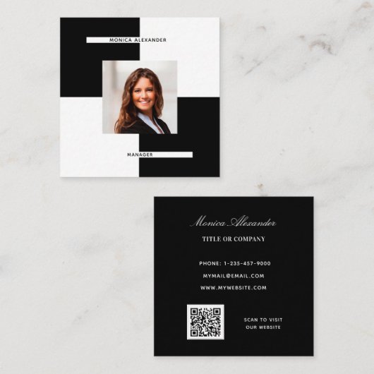 Zwarte witte foto QR-code modern Vierkante Visitekaartje (Voorkant / Achterkant)