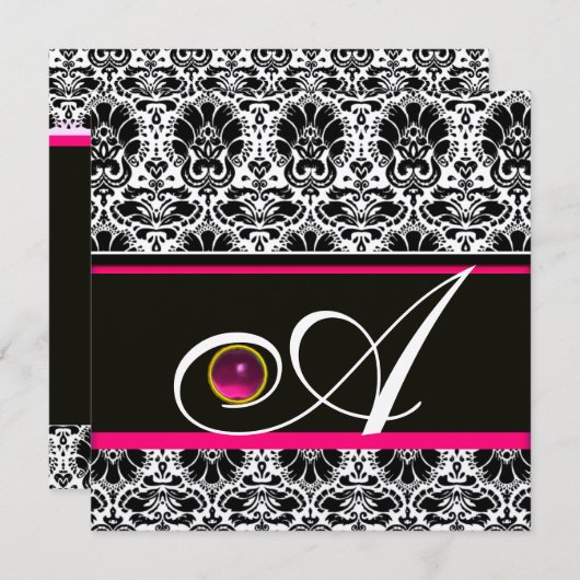 ZWARTE WITTE FUCHSIA DAMASK MONOGRAM Amethyst Gold Kaart (Voorkant / Achterkant)