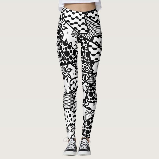 Zwarte & Witte Gekke, Unieke, Retro Patronen 3 Leggings (Voorkant)