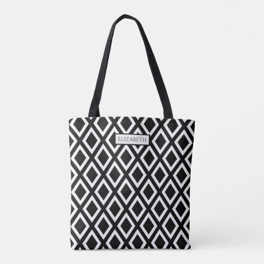 Zwarte witte geometrische diamantpatroonnaam tote bag (Achterkant)